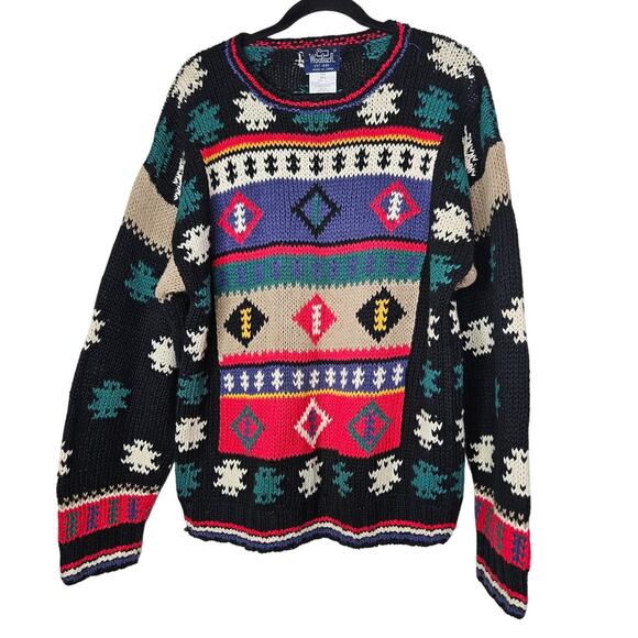 Vintage 80s Woolrich L Western Pullover Sweater Boho Chunky Cotton Blend - Picture 1 of 4